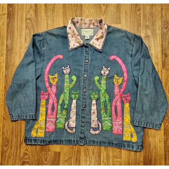 Vintage Denim Jacket Women 2X Blue Cats Applique Embroidered Brocade - Picture 2 of 6